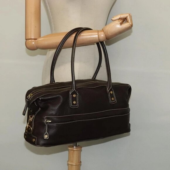 CELINE Shoulder Bag Leather Dark Brown Gold Auth - Picture 1 of 16
